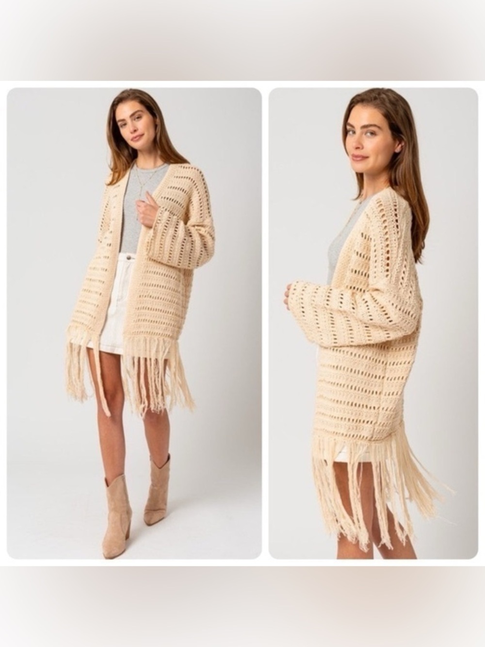 Crochet Knit Fringe Cardigan Boho Dreams by Gilli Natural Beige Size Medium